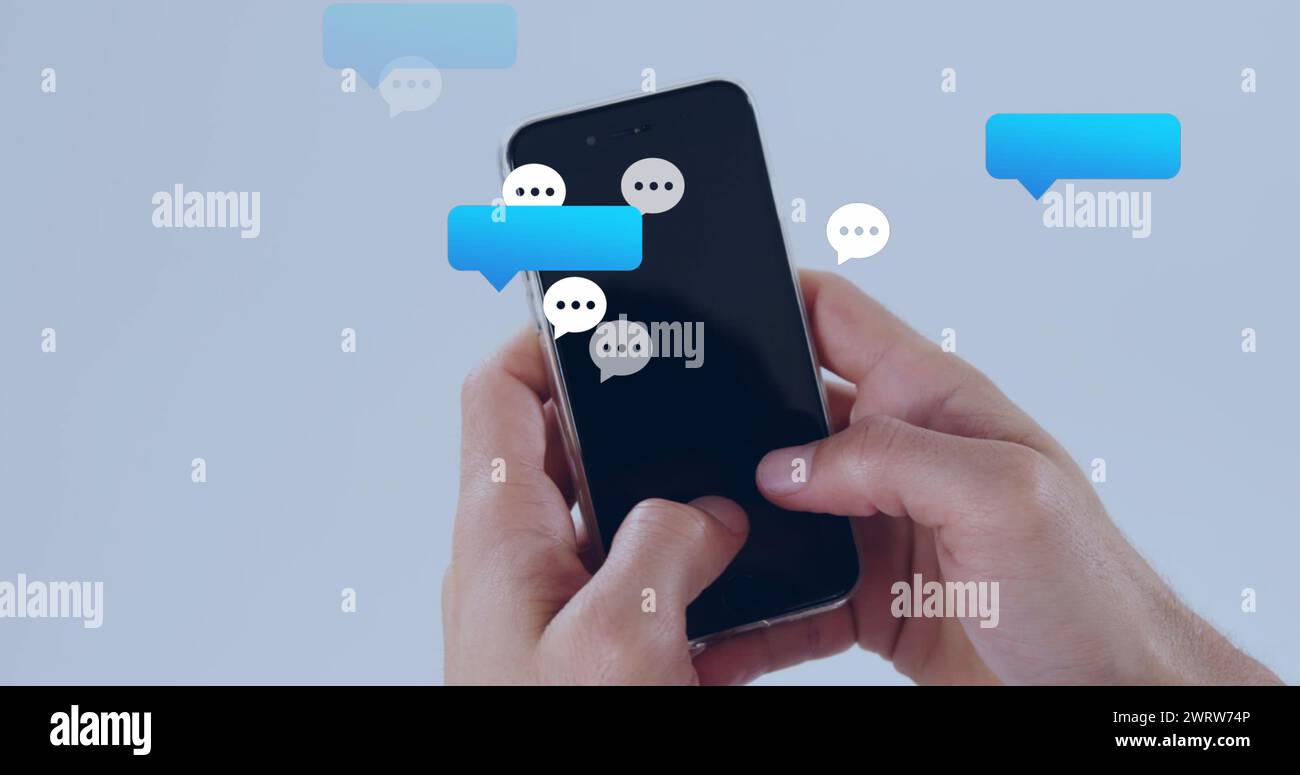 Image of social media icons falling over person using smartphone Stock ...