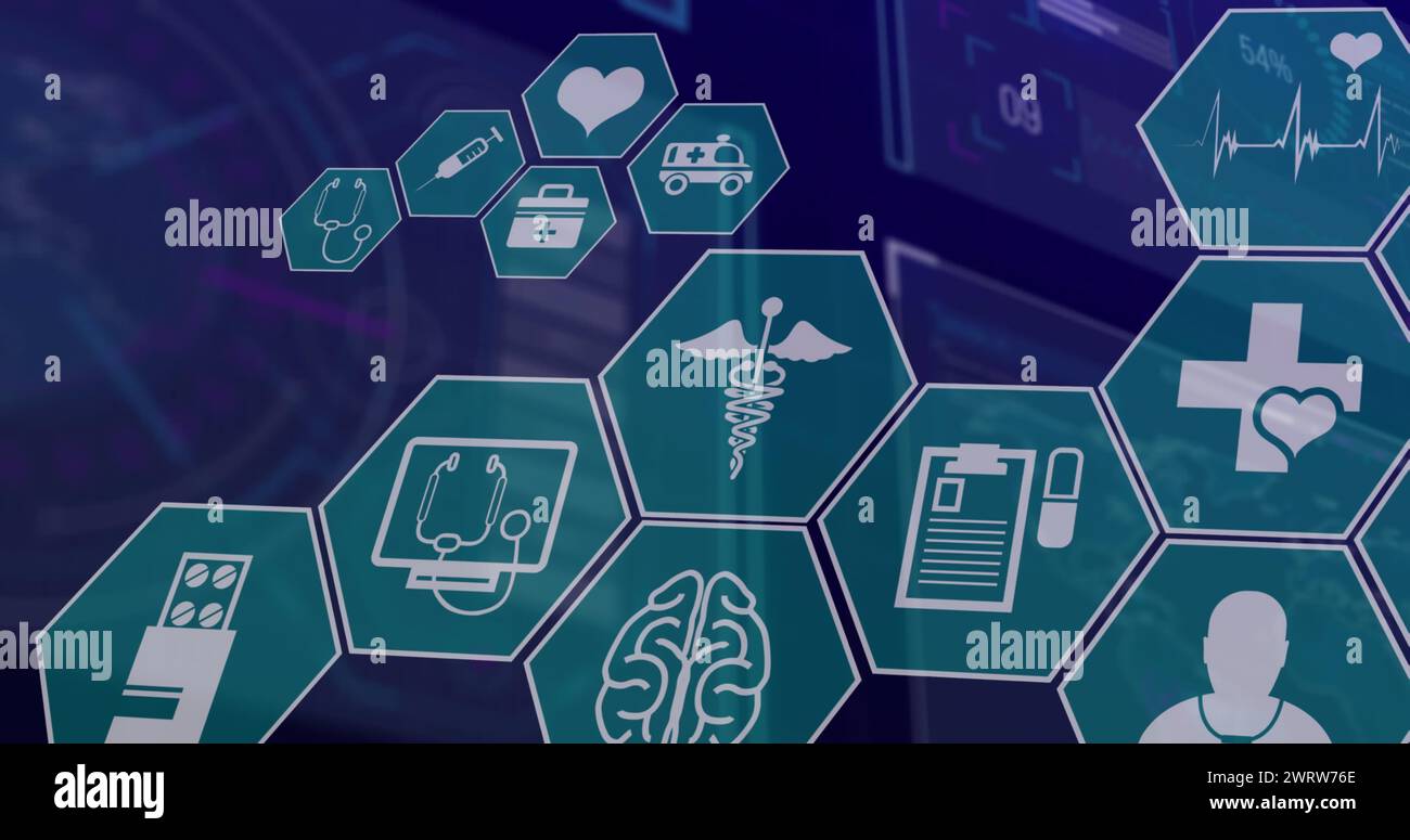 Image of medical icons over data processing on black background Stock ...