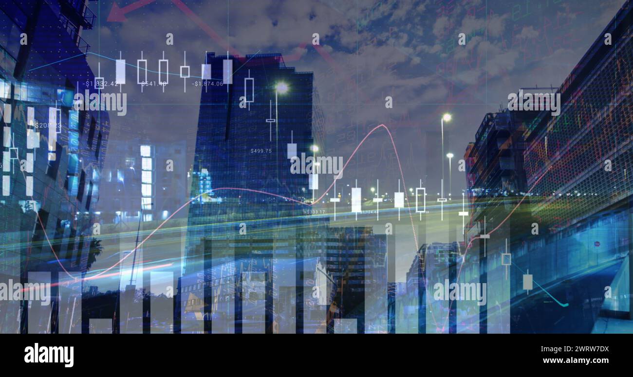 Image of graphs over cityscape and road traffic Stock Photo - Alamy
