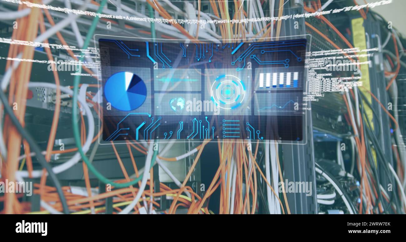 Image of globe with network of connections with glowing spots over data ...
