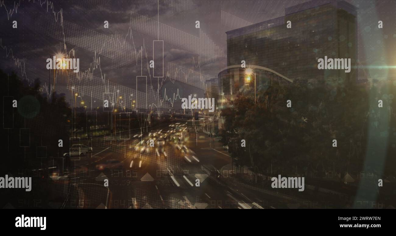 Image of graphs over cityscape and road traffic Stock Photo - Alamy