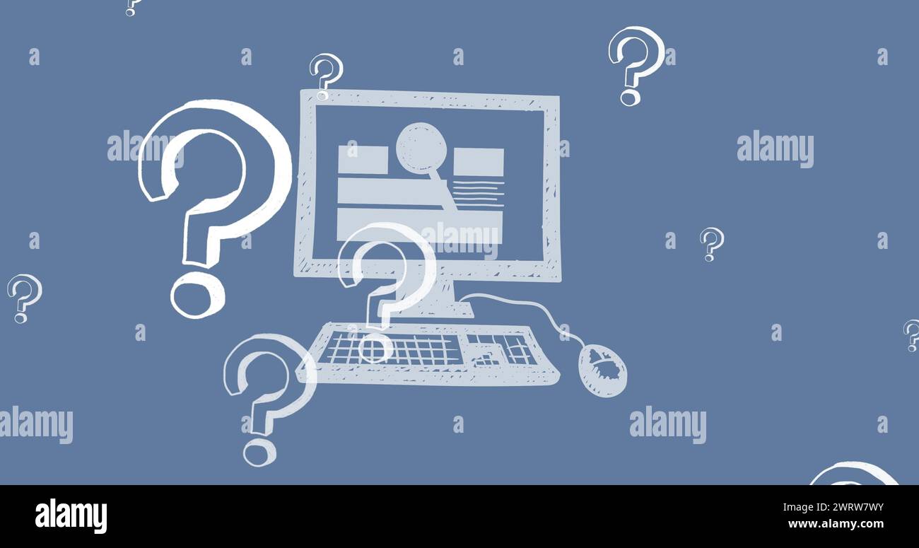 Image of question marks icons over computer Stock Photo