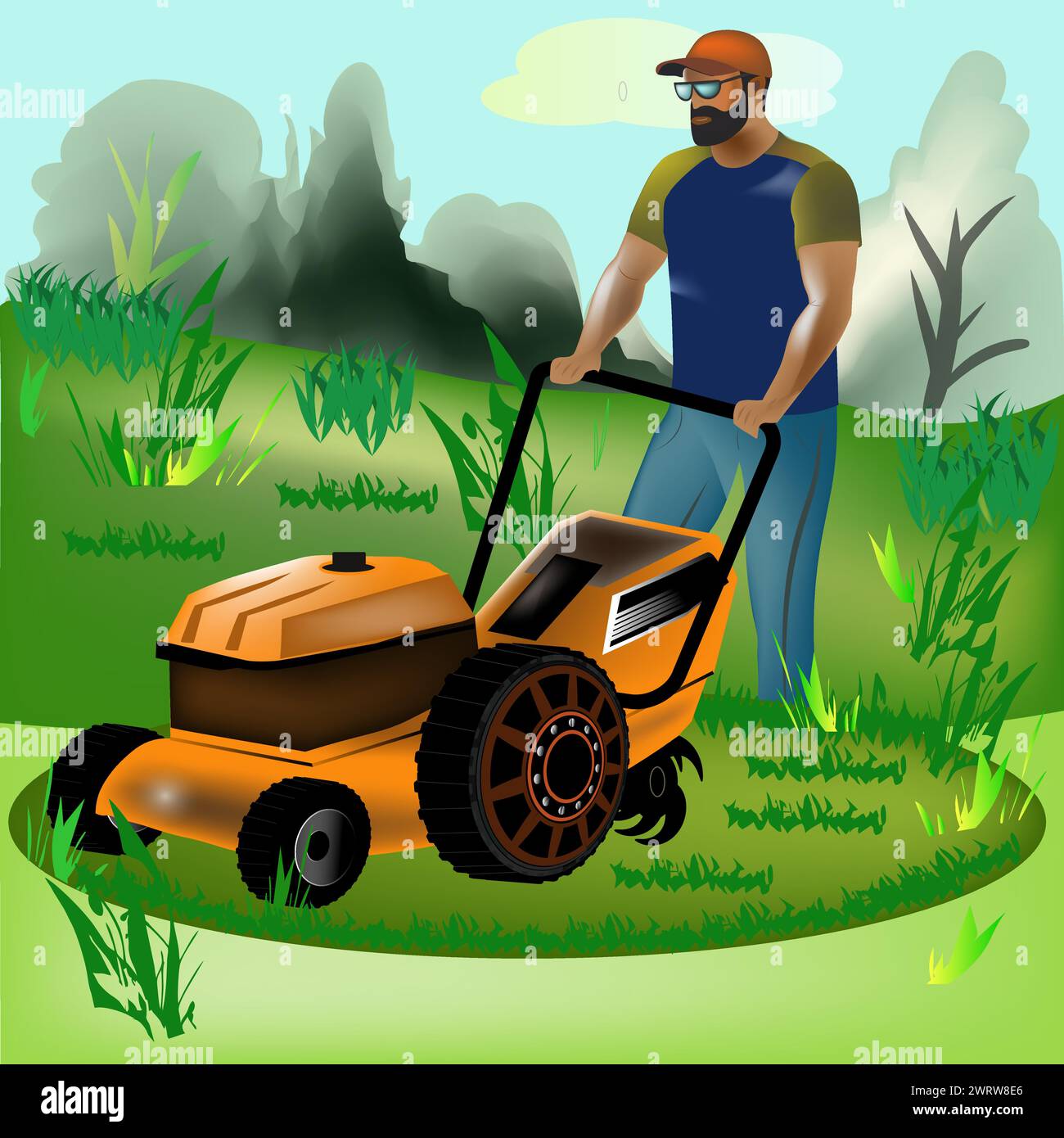 hand drawn vector man on a lawn mower mows the grass Stock Vector