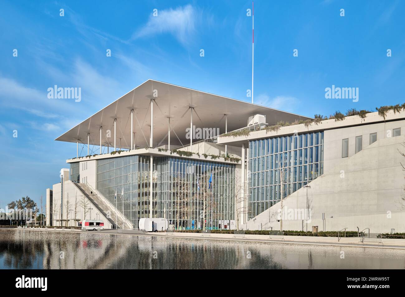 Athens, Greece - March 03, 2024: Architectural details of Stavros Niarchos Foundation Cultural Center SNFCC, designed by Renzo Piano Stock Photo