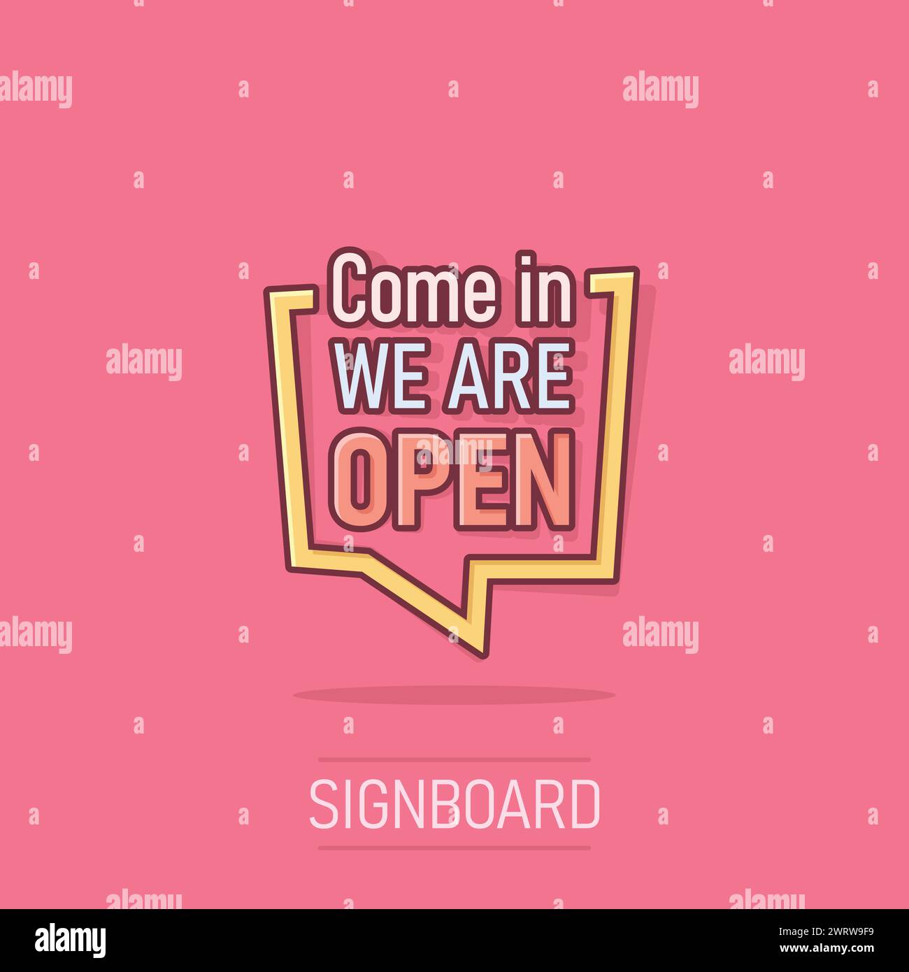 Come in we are open icon in comic style. Schedule on door cartoon vector illustration on isolated background. Welcome sign business concept splash eff Stock Vector