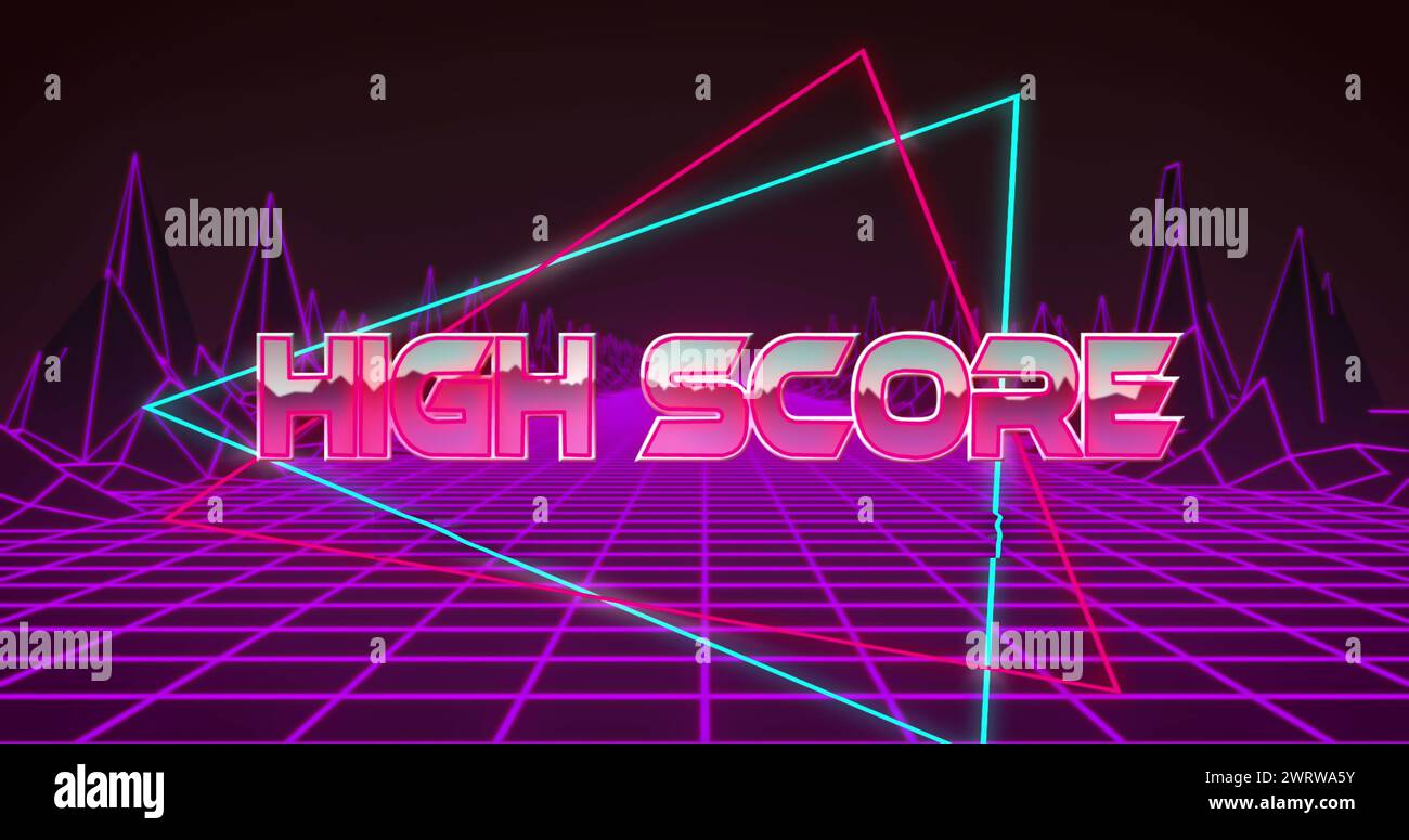 Image of high score text in multicolored triangles over grid pattern and digital mountains Stock Photo