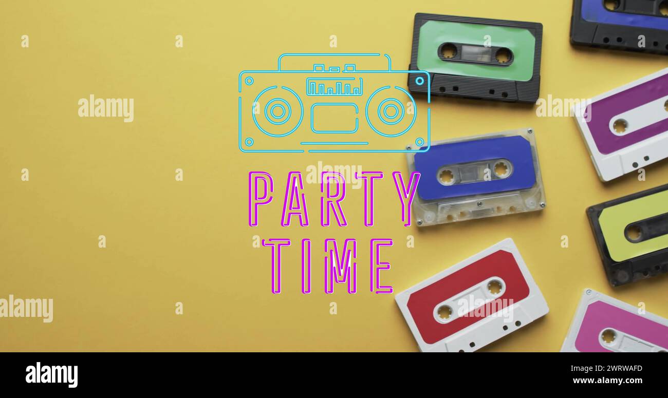Image of party time text over tape on yellow background stock photo alamy