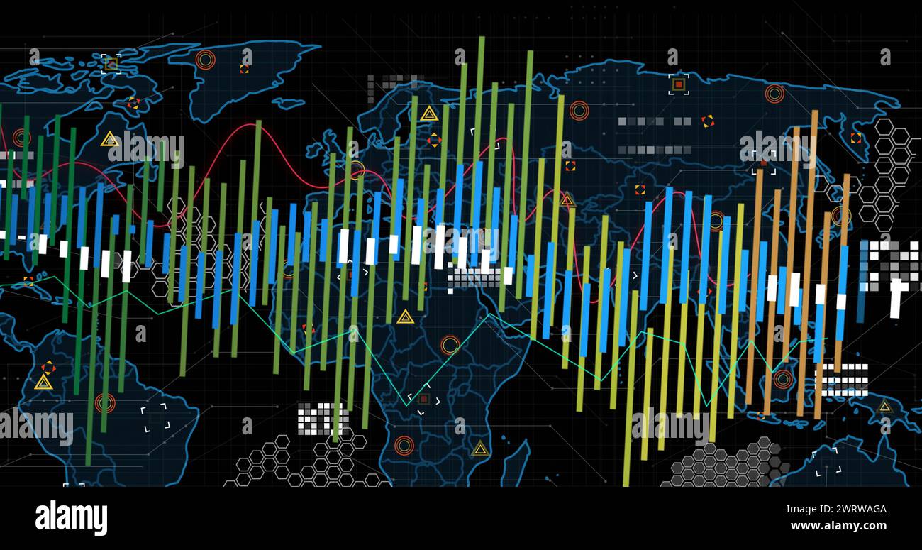 Image of financial data processing over world map Stock Photo - Alamy