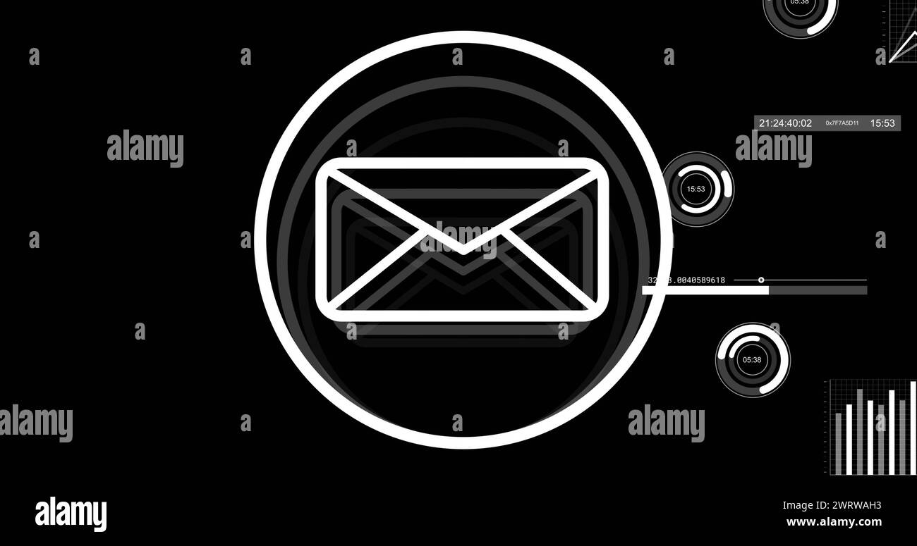 Image of financial data processing and email icon over black background Stock Photo