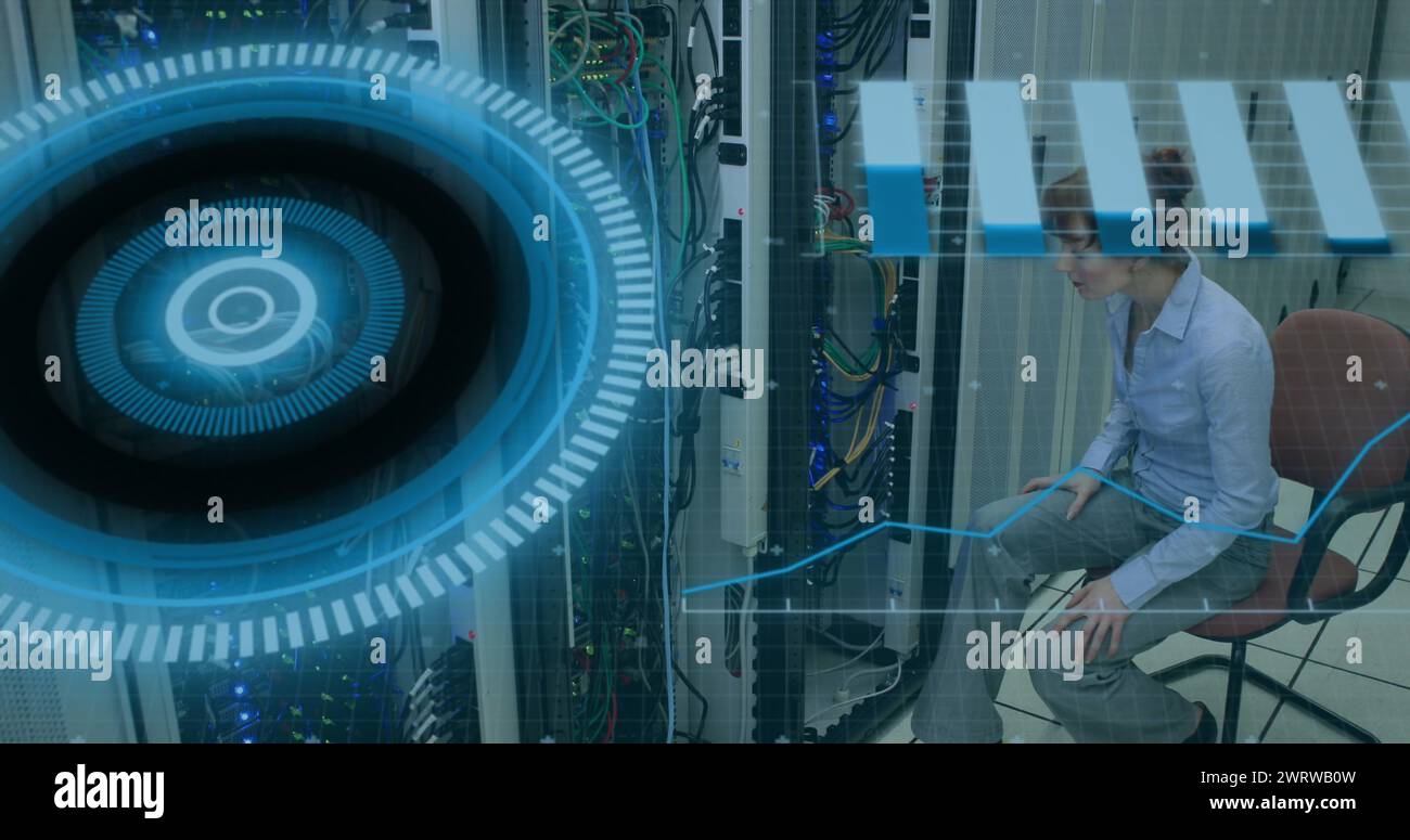 Image of scope scanning and data processing over caucasian it woman ...