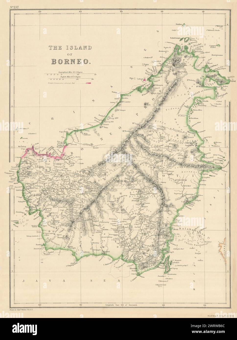 The Island of Borneo by Edward Weller. Sarawak Sabah Brunei Kalimantan 1860 map Stock Photo