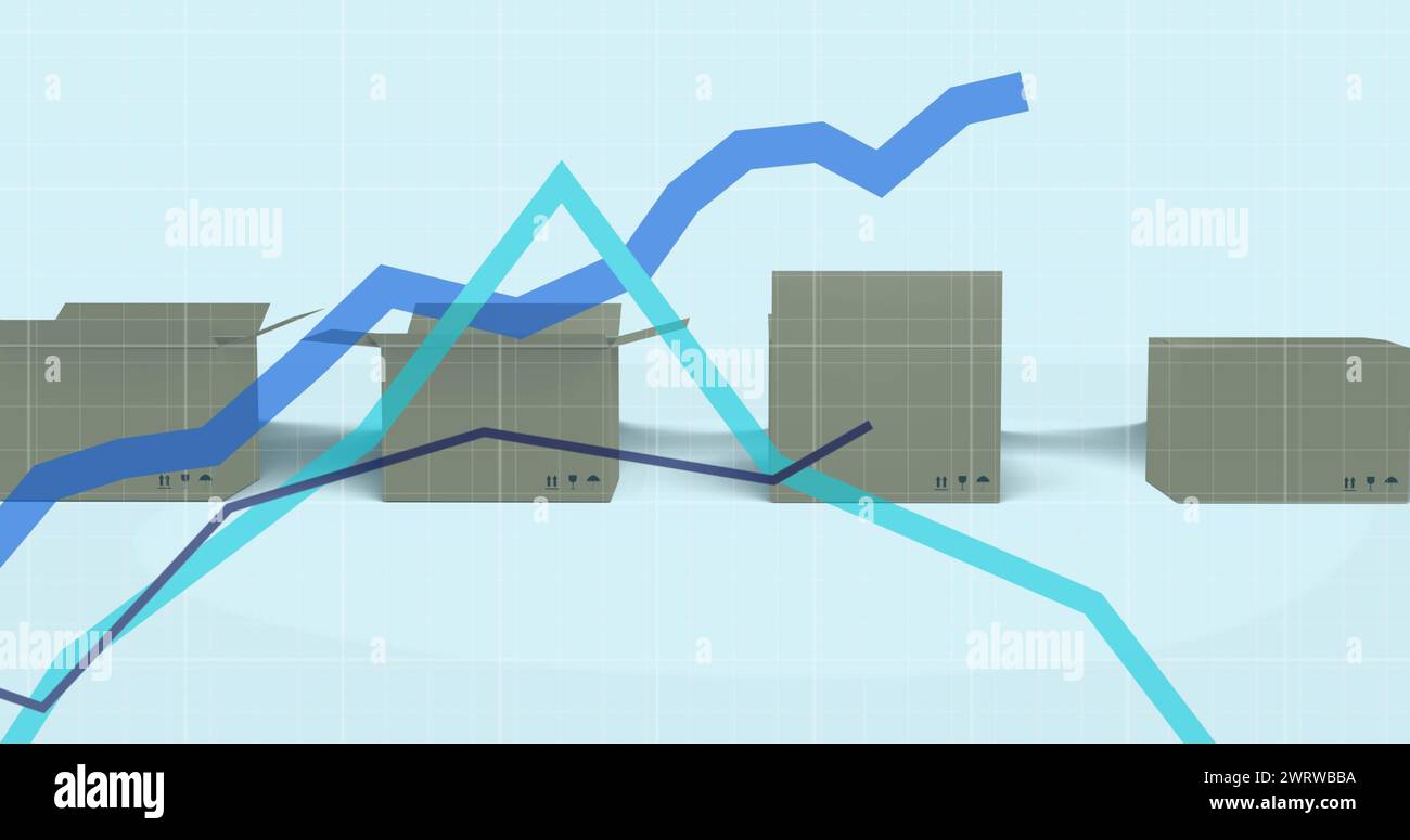 Image of blue lines moving up over grid and cardboard boxes Stock Photo ...