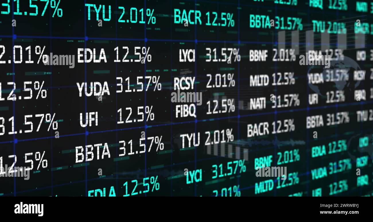 Image of financial data processing and statistics on black background Stock Photo