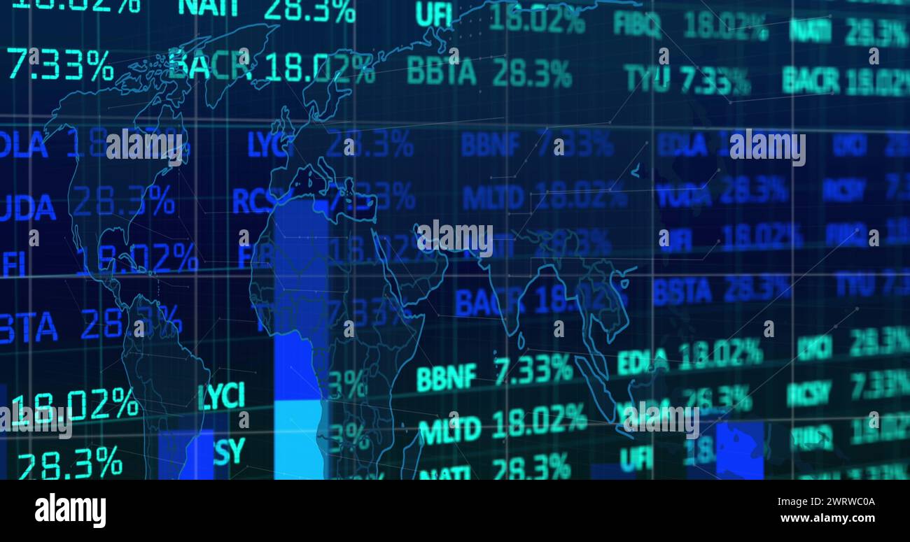 Image of financial data processing and statistics with world map on black background Stock Photo