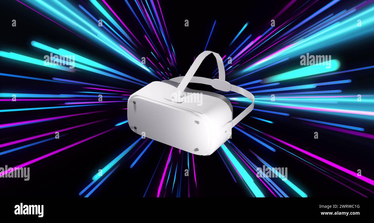 Image of vr headset over pink and blue neon light trails Stock Photo ...