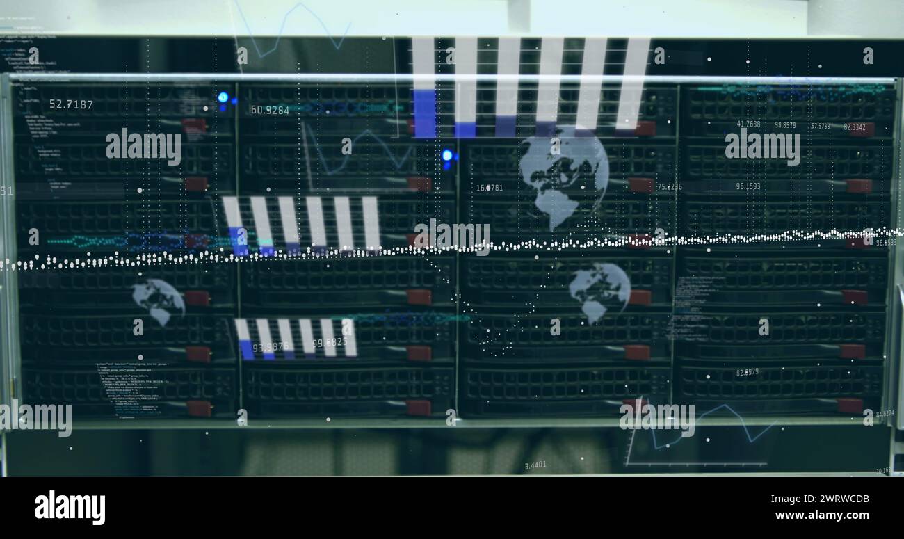Image of data processing against close up of computer servers Stock Photo