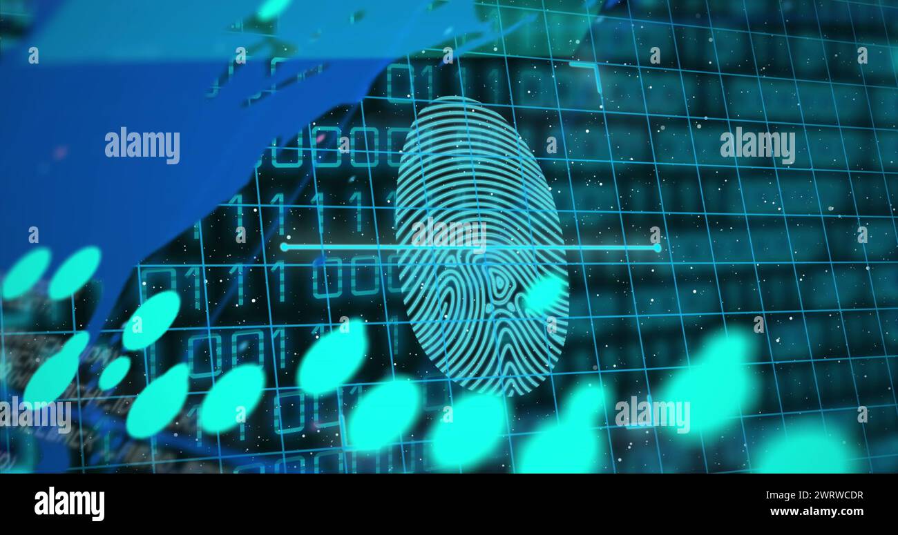 Image of biometric fingerprint, binary coding and data processing over world map Stock Photo