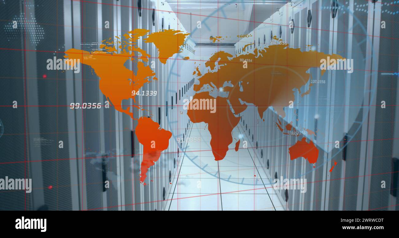 Image of data processing over world map against computer server room Stock Photo