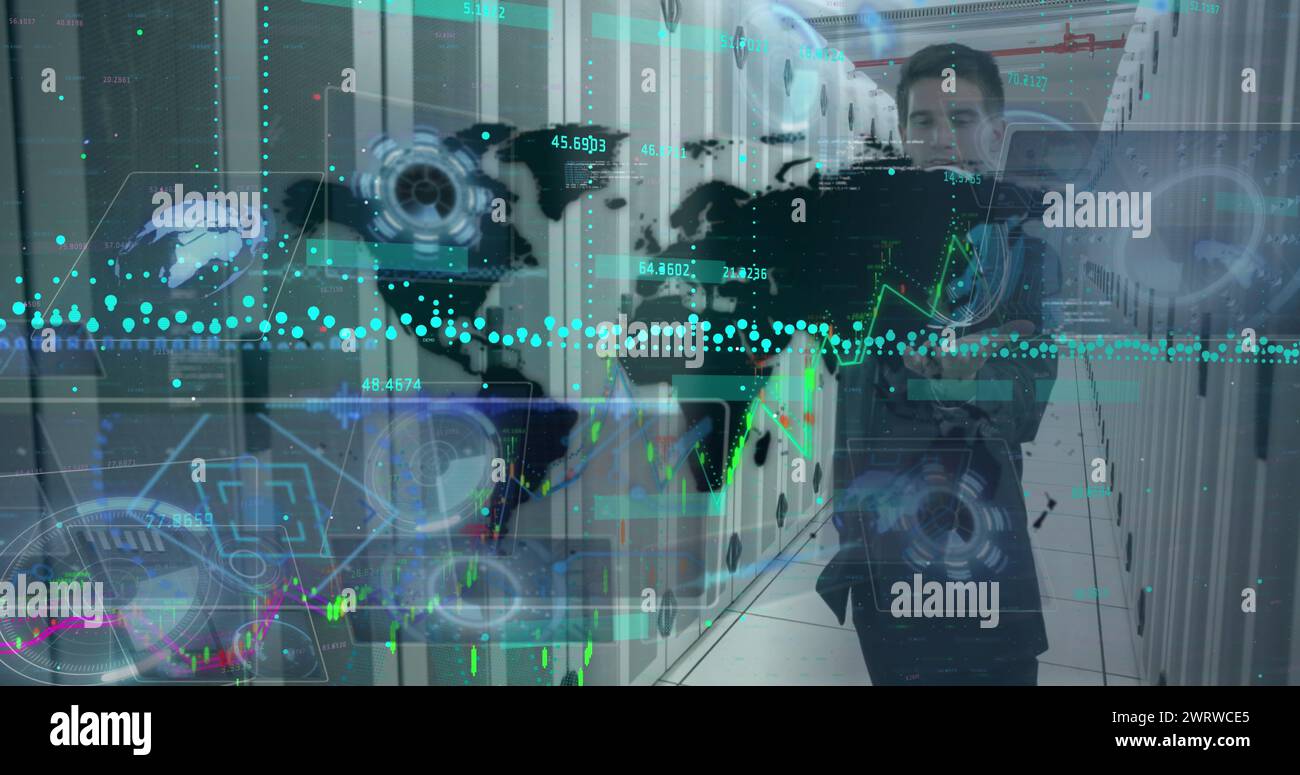 Image of scopes, world map and data processing over caucasian it engineer computer servers Stock Photo