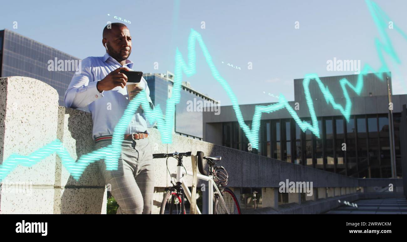 Image of data processing over african american man using smartphone Stock Photo
