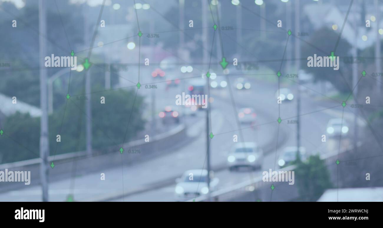 Image of financial data processing over cityscape Stock Photo