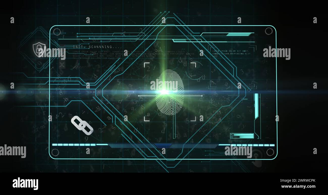 Image of data processing and biometric fingerprint on glowing computer circuit board Stock Photo