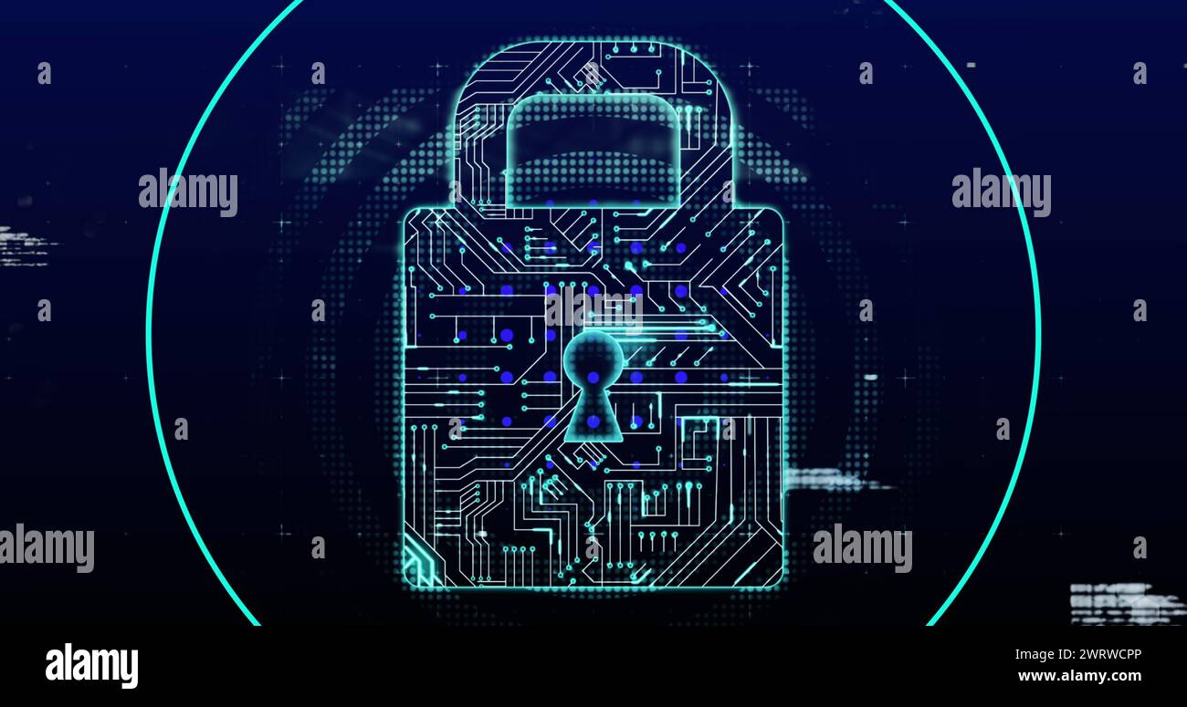 Image of online security padlock with computer circuit board in background Stock Photo