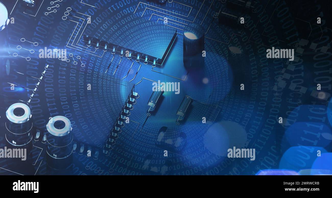 Image of binary coding and data processing on computer circuit board Stock Photo