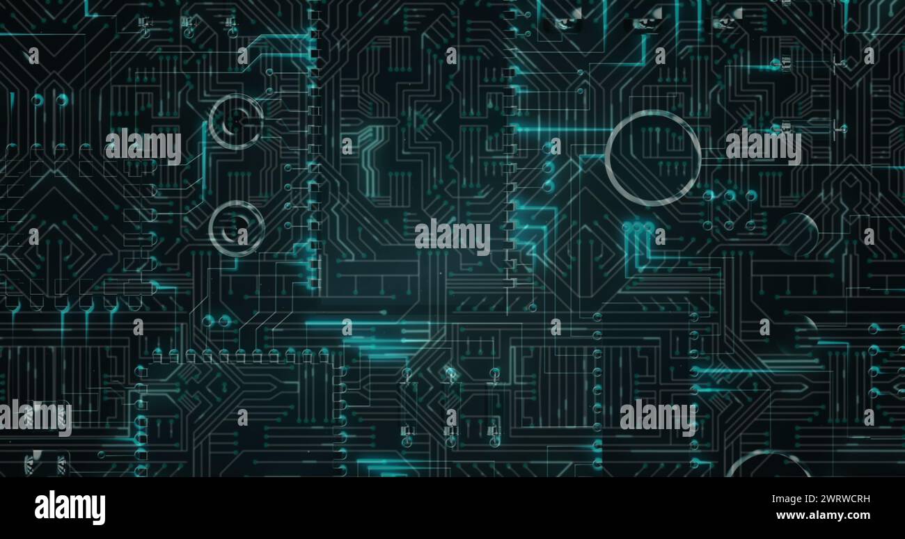 Image of data processing on glowing computer circuit board Stock Photo