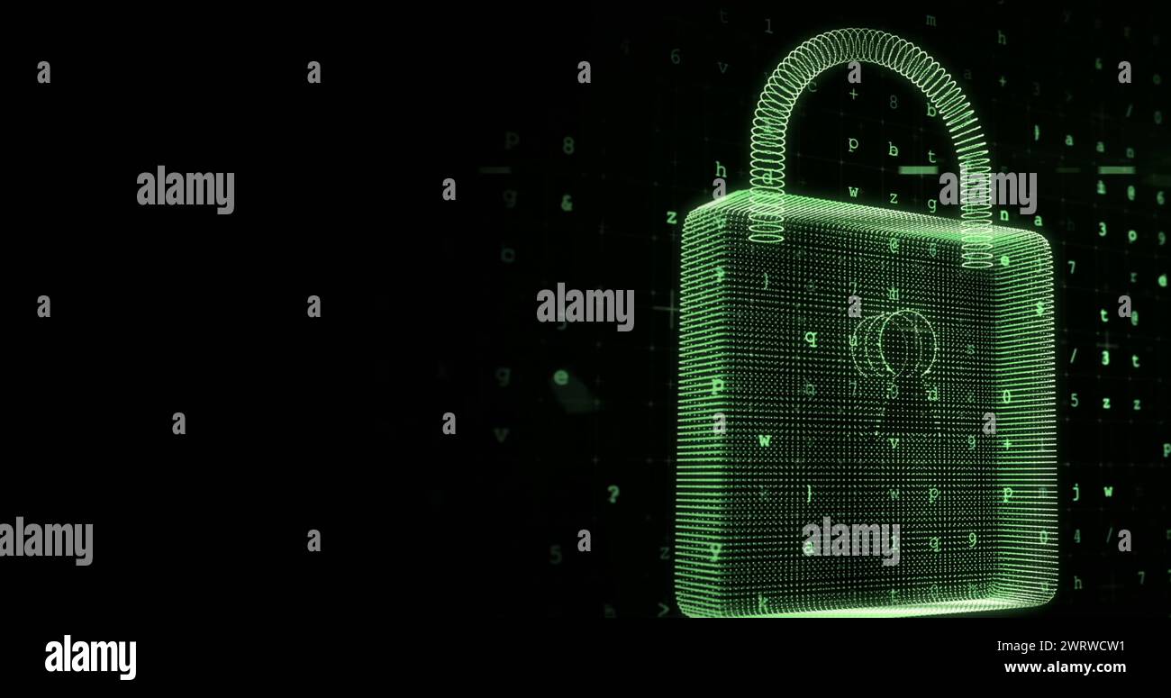 Image of online greeen security padlock with data processing in background Stock Photo
