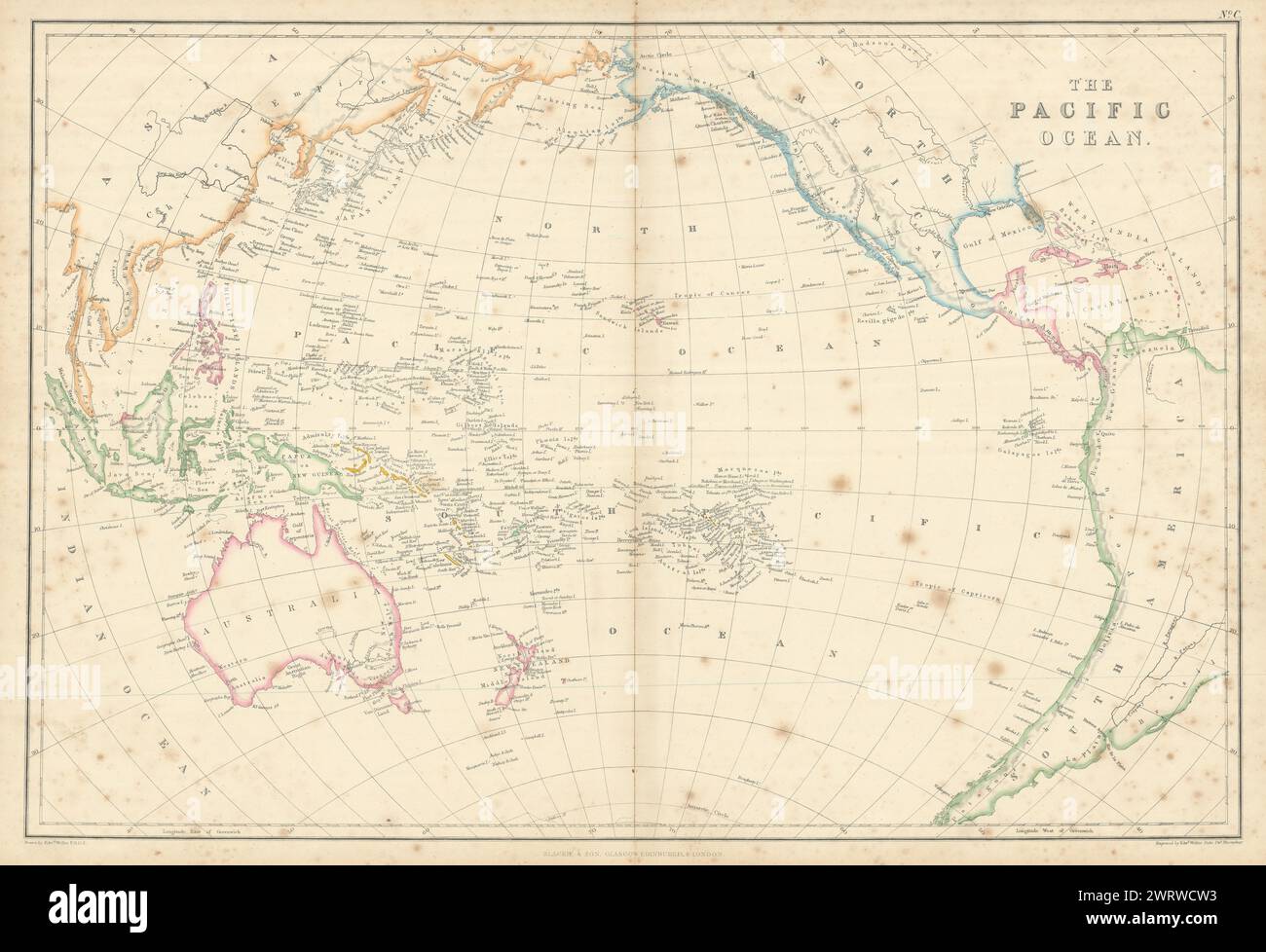 The Pacific Ocean by Edward Weller. Polynesia Micronesia Melanesia 1860 map Stock Photo