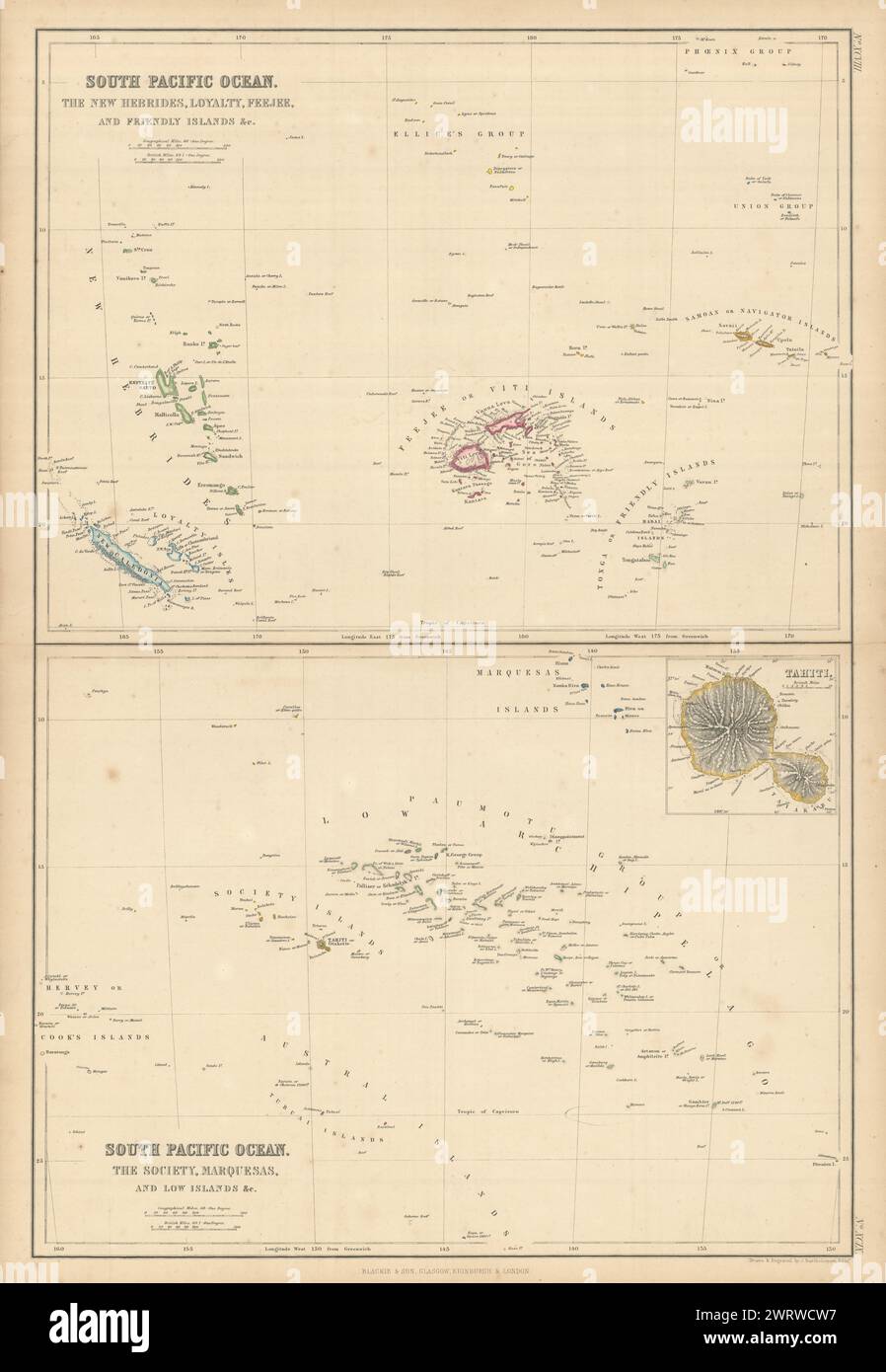 South Pacific Islands. New Hebrides Loyalty Fiji Friendly Polynesia 1860 map Stock Photo