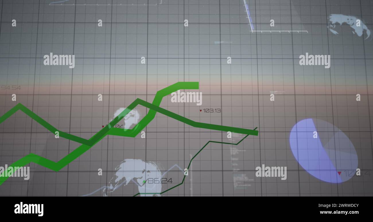 Image of green line graph moving on grid pattern over multiple chart ...