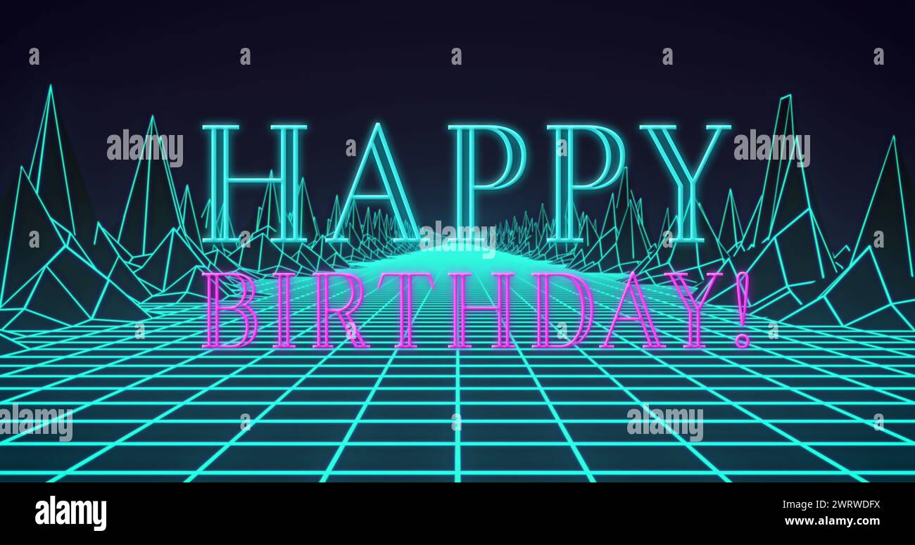 Image of happy birthday text over mountains Stock Photo