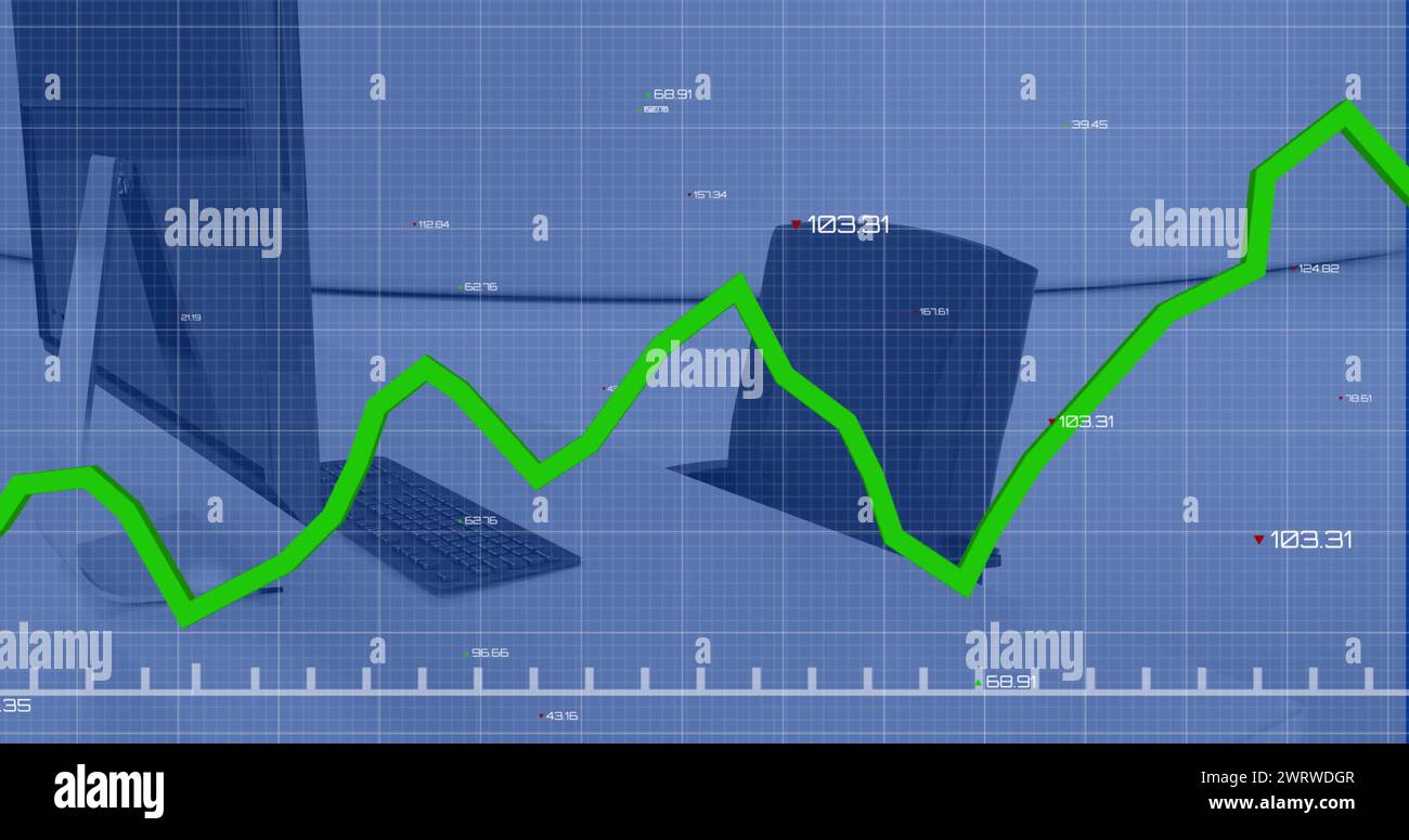 Image of line graph and numbers over computer and keyboard on desk with ...