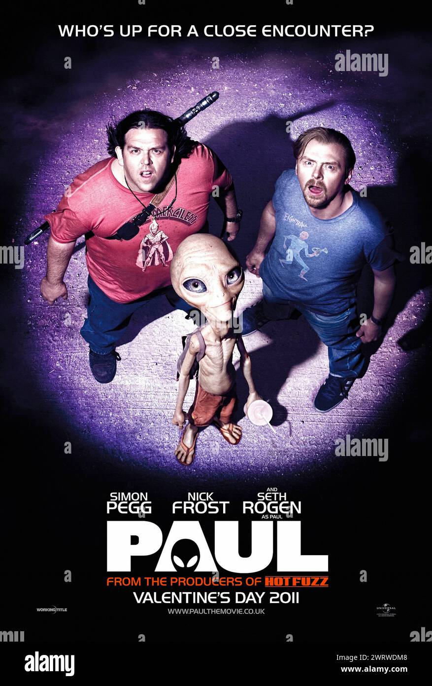 Paul (2011) directed by Greg Mottola and starring Simon Pegg, Nick Frost and Seth Rogen. Two English comic book geeks traveling across the U.S. encounter an alien outside Area 51. US advance poster ***EDITORIAL USE ONLY***. Credit: BFA / Universal Pictures Stock Photo