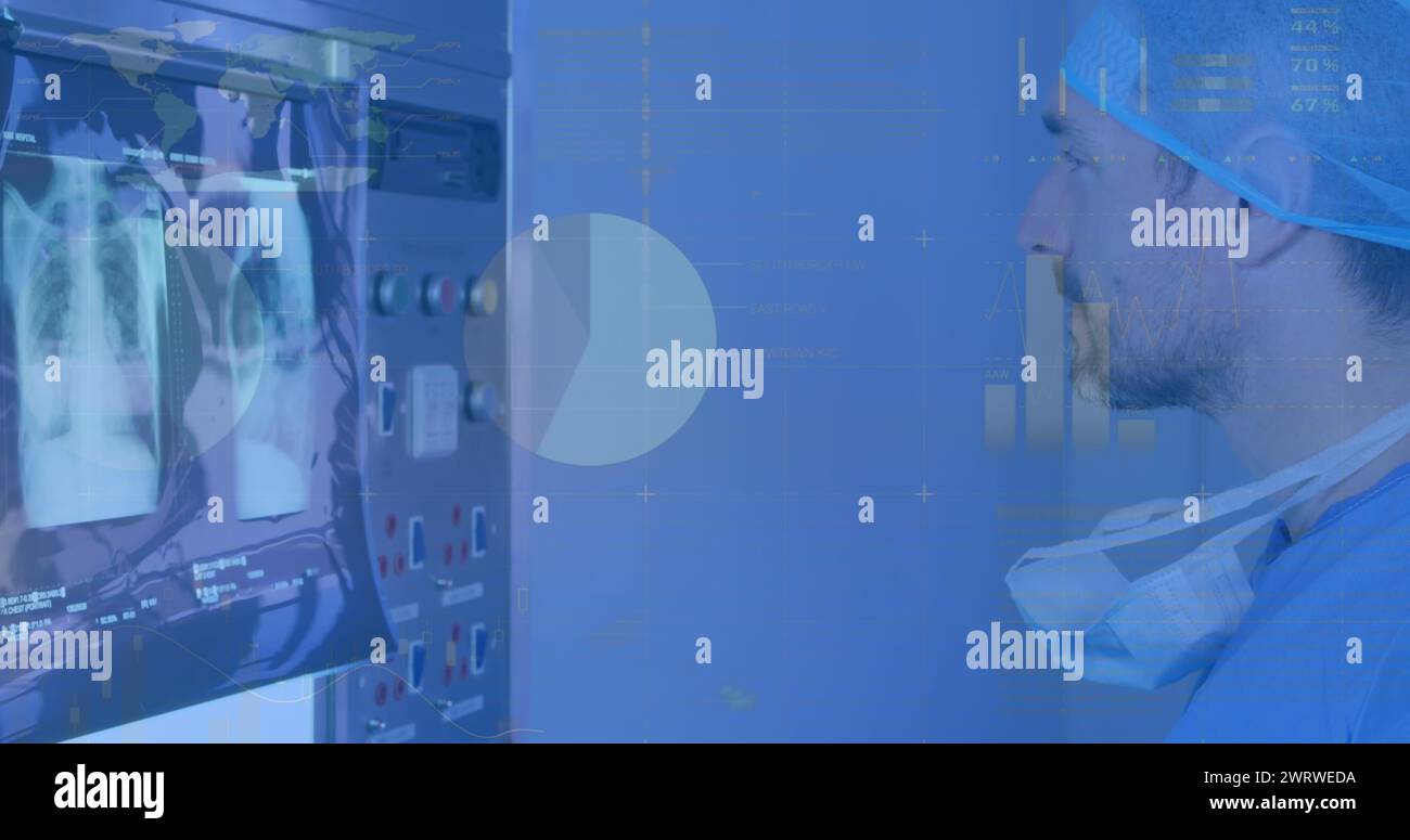 Image of infographic interface over caucasian doctor analyzing xray on