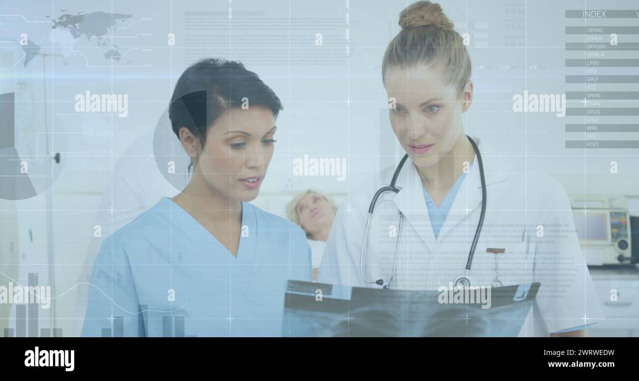 Image of infographic interface over diverse female doctors discussing ...