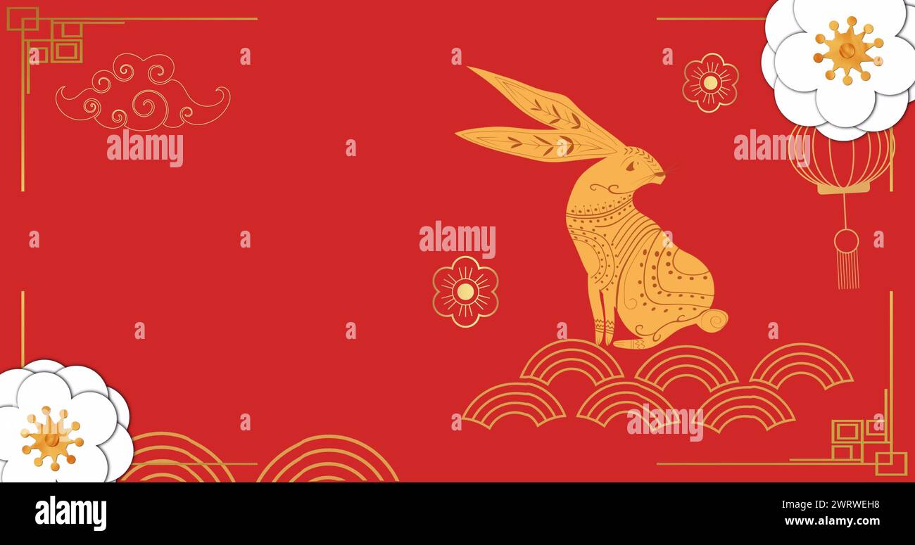 Image of chinese pattern and rabbit year decoration on red background Stock Photo