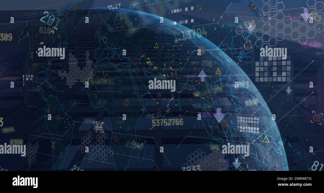Image of financial data processing with globe and world map over ...