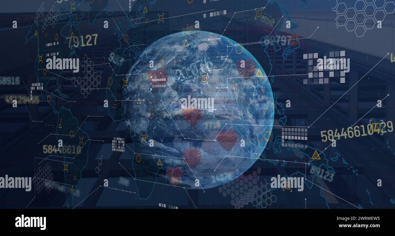 Image of financial data processing with globe and world map over ...