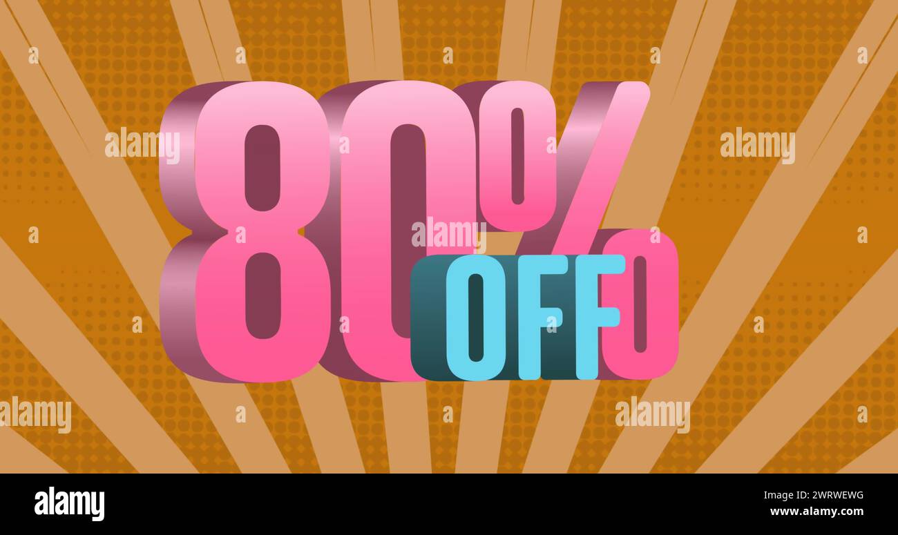 Image of 80 percent off text banner over rays spinning in seamless pattern on yellow background Stock Photo