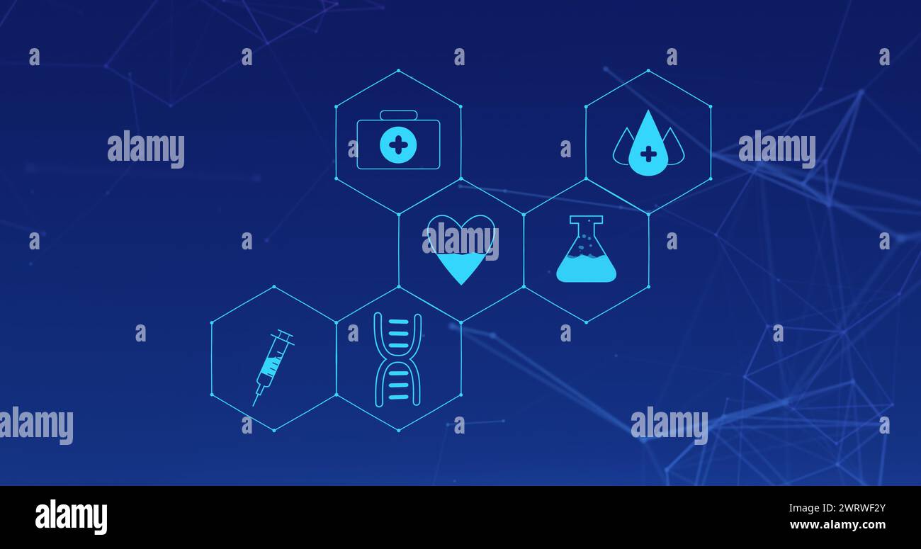 Image of medical icons and lines on blue background Stock Photo - Alamy