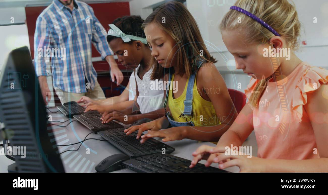 Image of data processing over caucasian male teacher with diverse ...