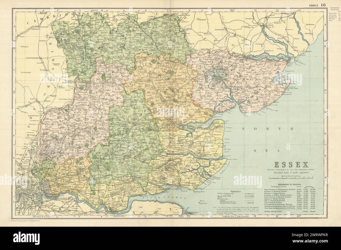 ESSEX antique county map by GW BACON 1898 old vintage plan chart Stock ...