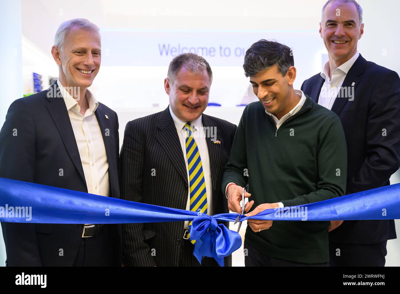 Prime Minister Rishi Sunak with Rolls-Royce Group President Chris Cholerton (left), Conservative MP for Filton and Bradley Stoke Jack Lopresti (second left), and Director of Business Development & Future Programmes, Rolls-Royce plc, Alex Zino (right), as they officially open the new 'Future Works' area during a visit to the Rolls-Royce manufacturing facility in Bristol. Picture date: Thursday March 14, 2024. Stock Photo