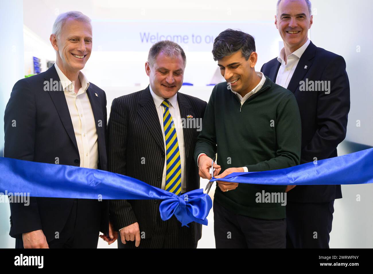 Prime Minister Rishi Sunak with Rolls-Royce Group President Chris Cholerton (left), Conservative MP for Filton and Bradley Stoke Jack Lopresti (second left), and Director of Business Development & Future Programmes, Rolls-Royce plc, Alex Zino (right), as they officially open the new 'Future Works' area during a visit to the Rolls-Royce manufacturing facility in Bristol. Picture date: Thursday March 14, 2024. Stock Photo