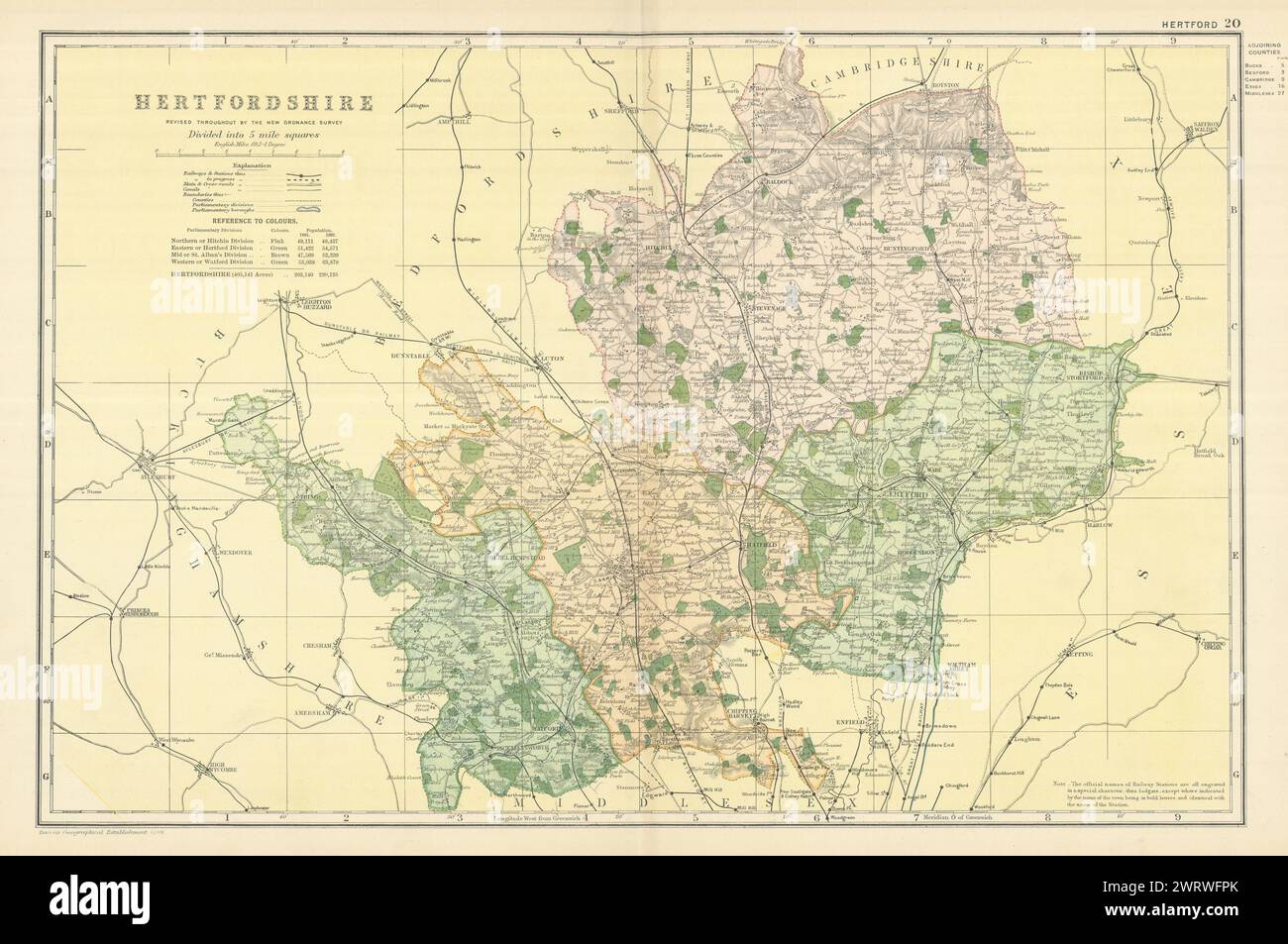 HERTFORDSHIRE antique county map by GW BACON 1898 old plan chart Stock ...