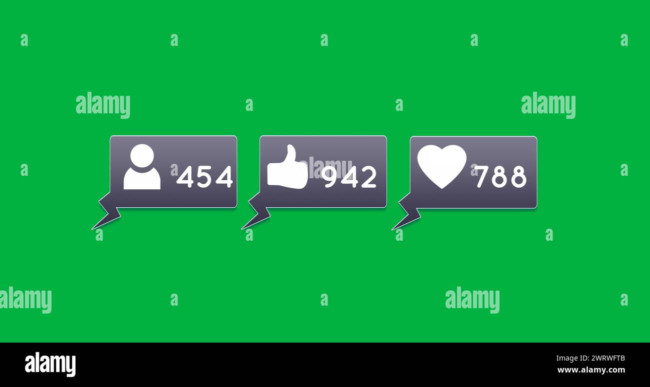 Image of Follow, like and heart button increasing in numbers with green background 4k Stock Photo