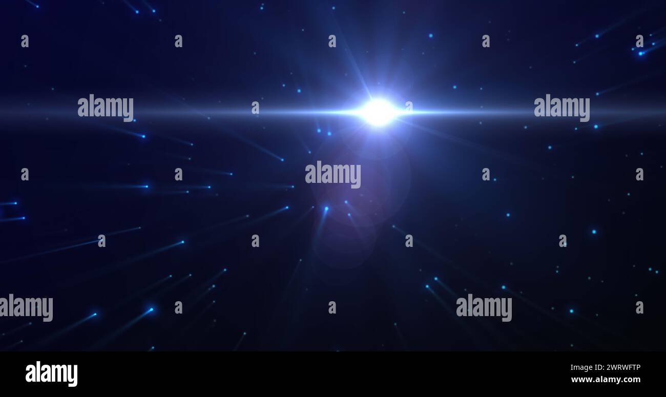 Image of white glowing light over blue light spots in background Stock Photo